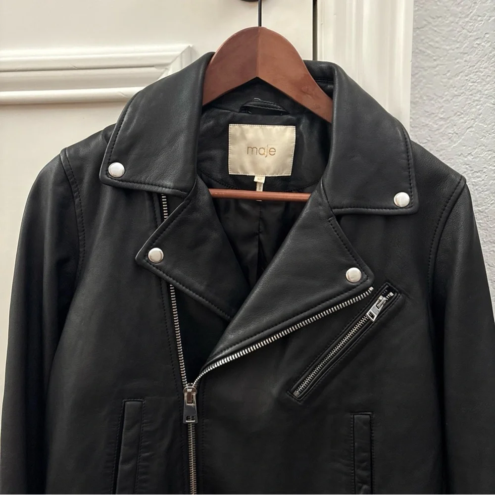 Maje Bostep Blouson Moto Lambskin Leather Jacket FR 40 or US 8 Black Biker - Picture 2 of 14